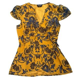 Bebe Mustard Yellow Navy Blue Damask Floral Wrap Top Puff Sleeve S Office Career